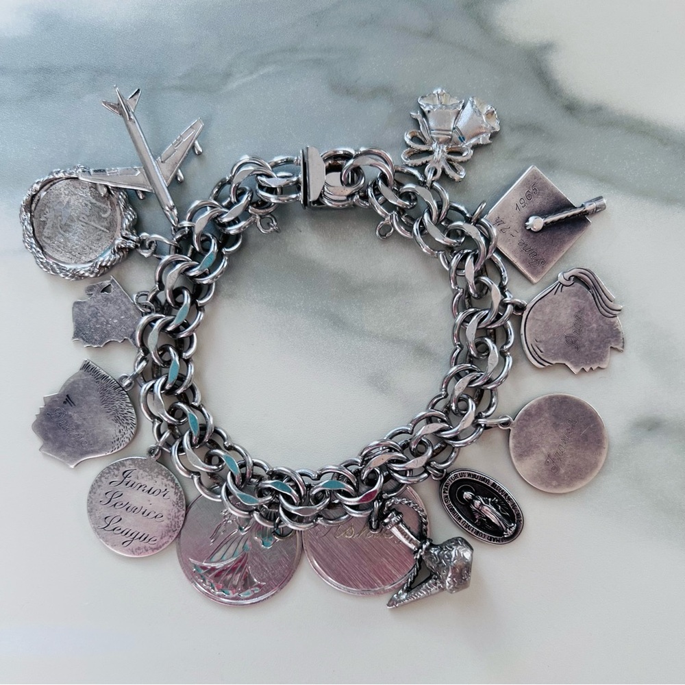 Fabulous Vintage Antique .925 Sterling Silver Charm Bracelet w/ 1920s-90s Charms